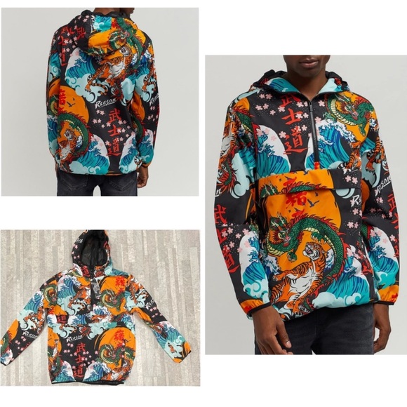 NWT Reason Clothing Kanji Japan Print Dragon Half-Zip Anorak Size Medium - Picture 1 of 6